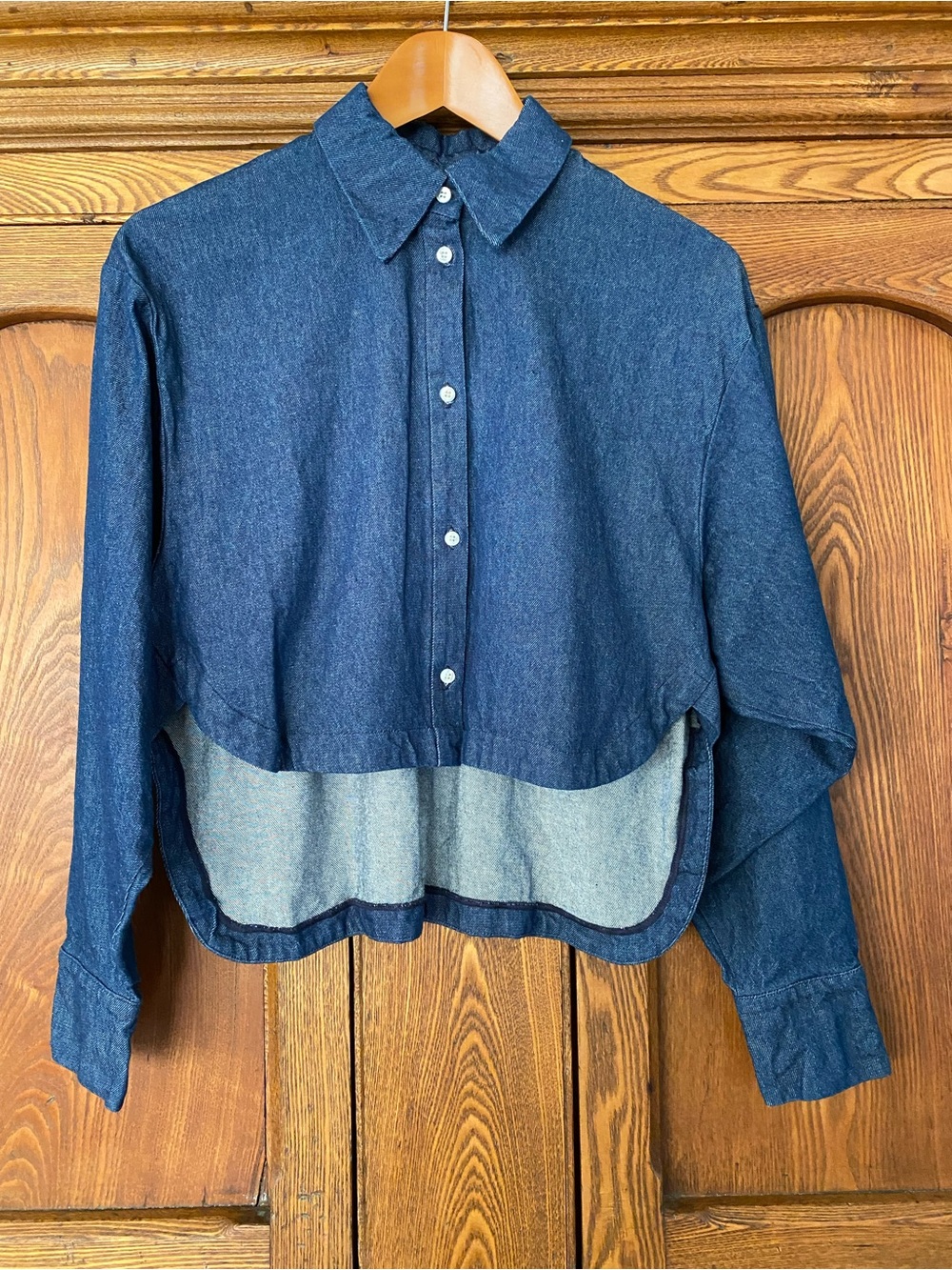 Hoibo hoi bo denim arc button up crop shirt rich blue S small Canada